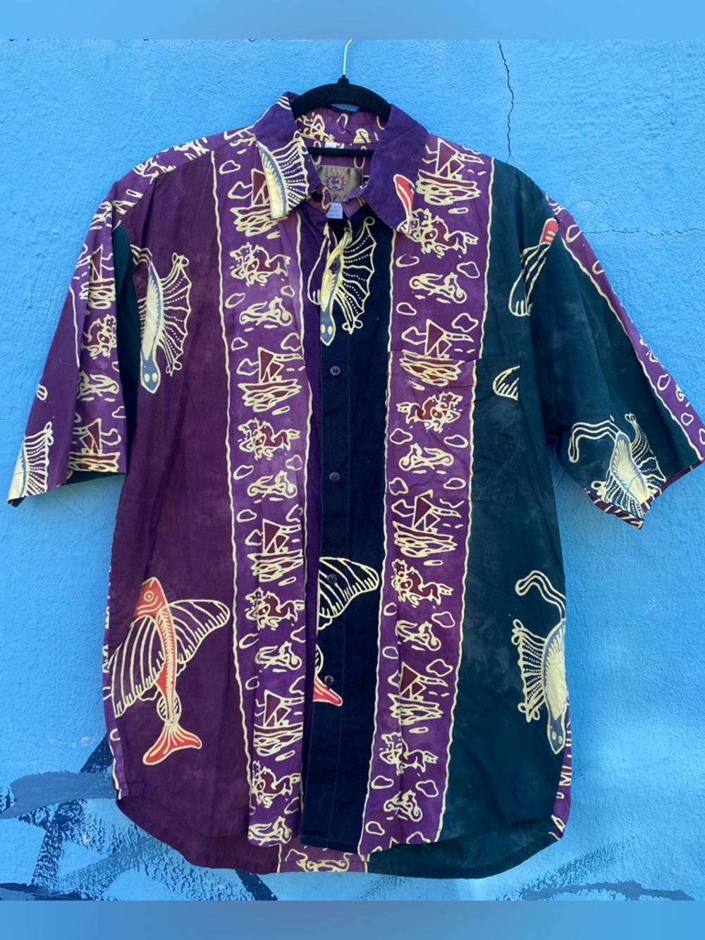 Insonesian batik print cotton button down shirt, blue and purple, Medium